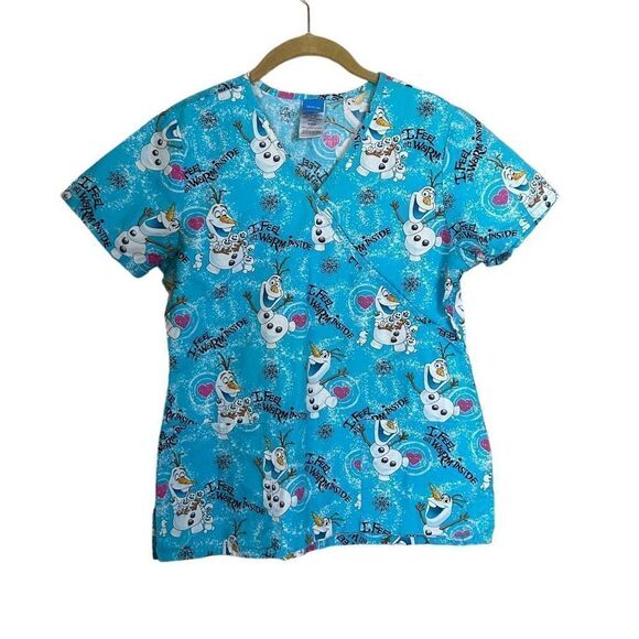 Disney Frozen Olaf the Snowman “I Feel Warm Inside” Nurse Scrub Top V Neck Small - Picture 1 of 6